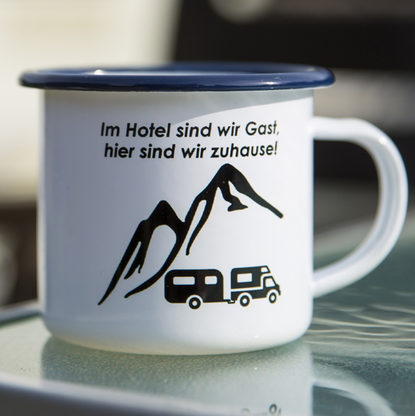 Camping Tasse aus Emaille mit Foto