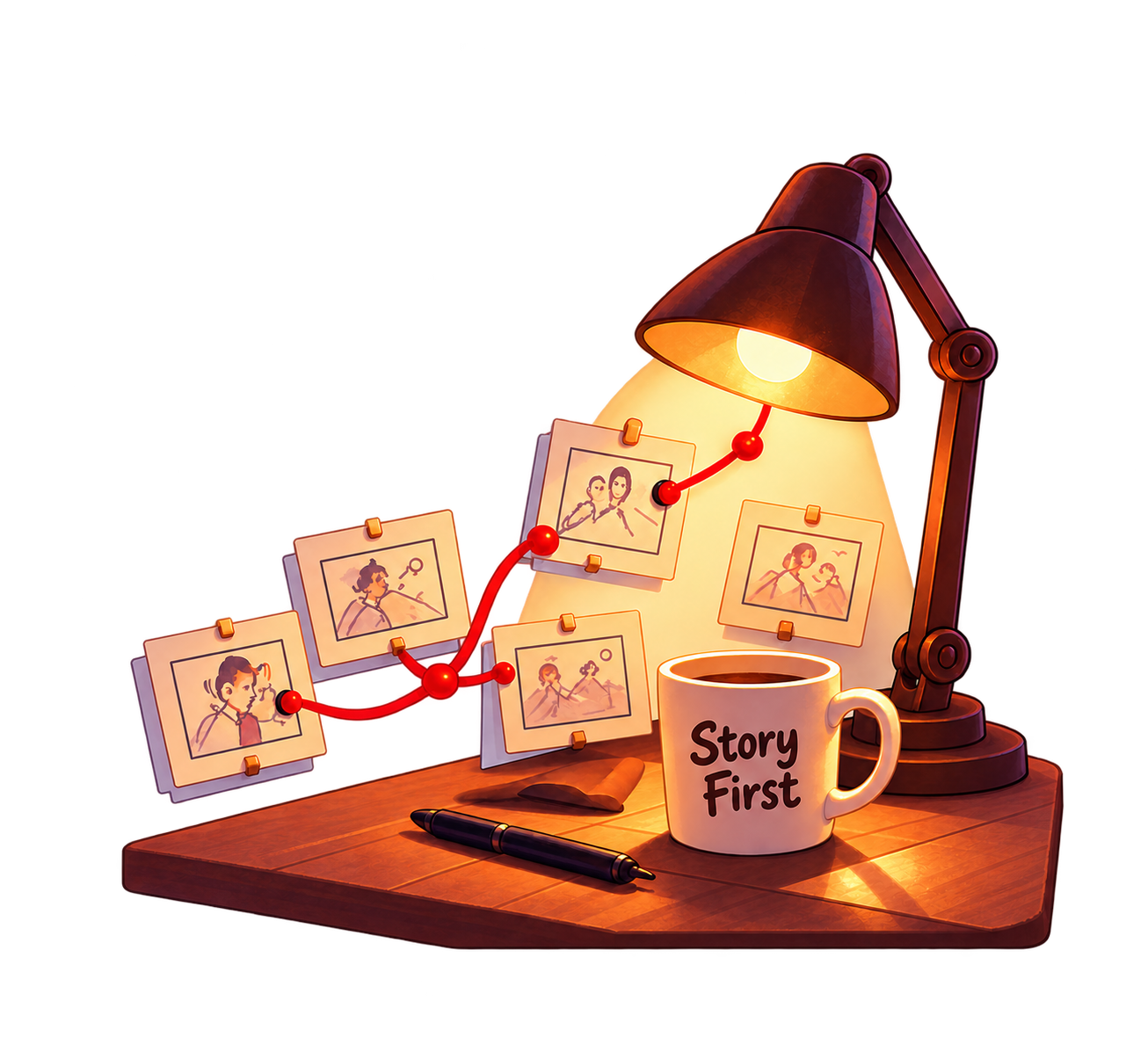 Storyboard-Skizzen am Schreibtisch unter einer Lampe – Story First