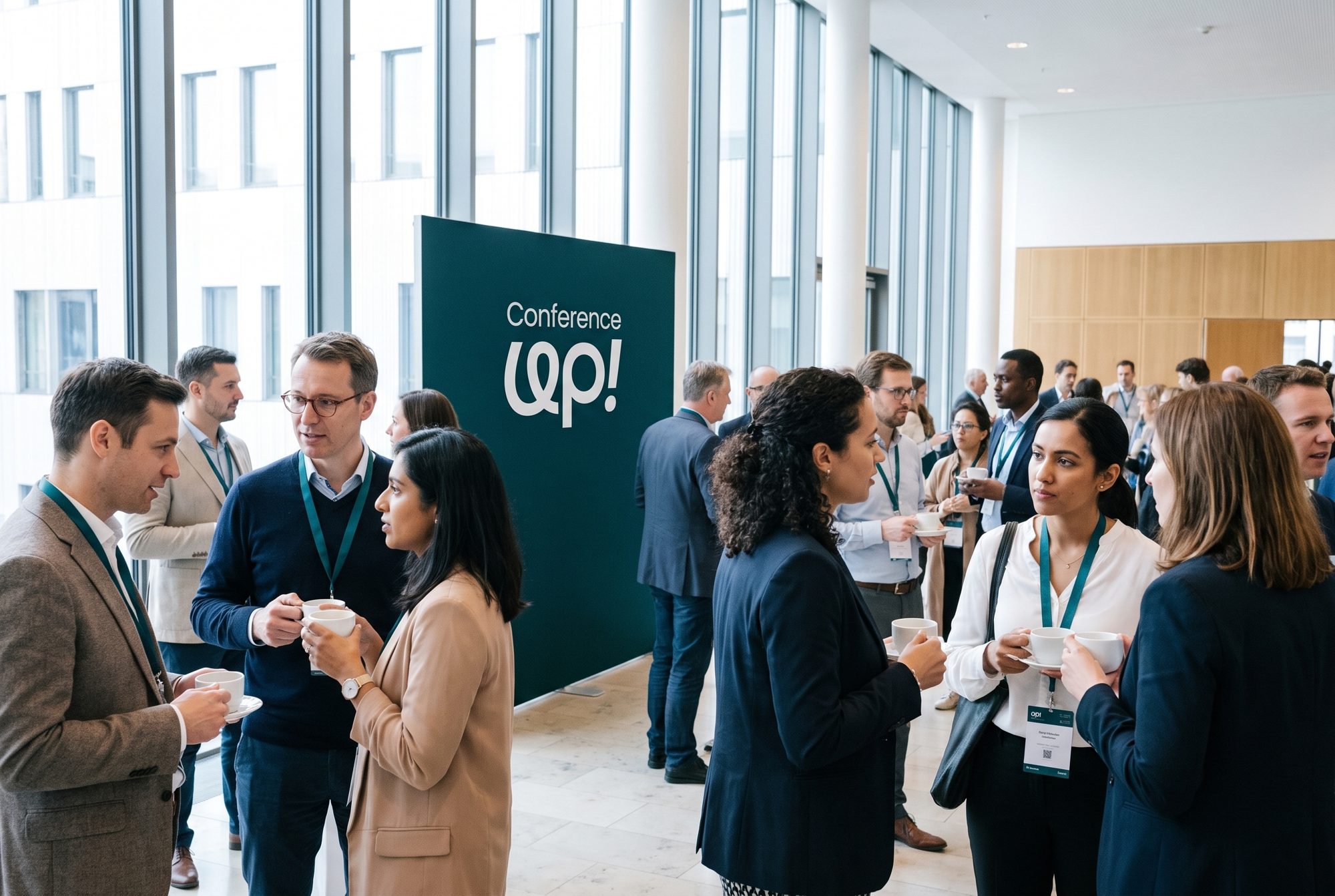 Sponsor and organiser shaking hands in an exhibition hall