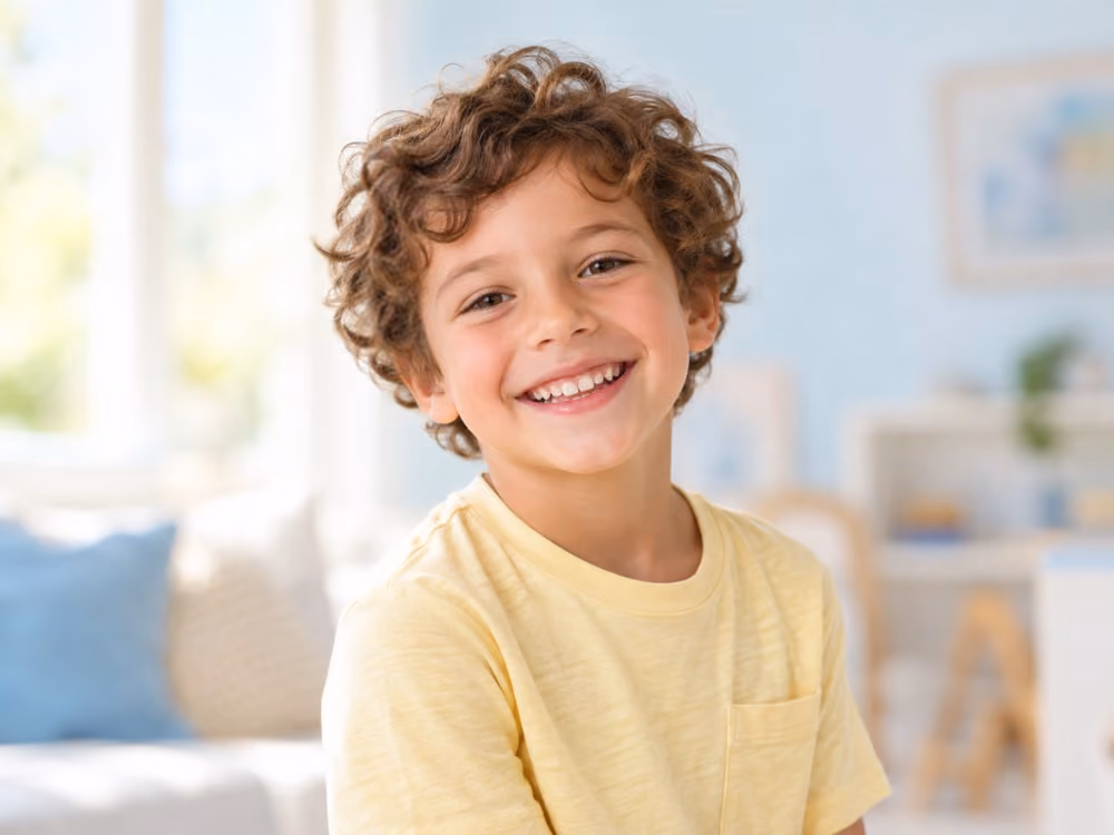 Smiling child in a yellow shirt, illustrative image