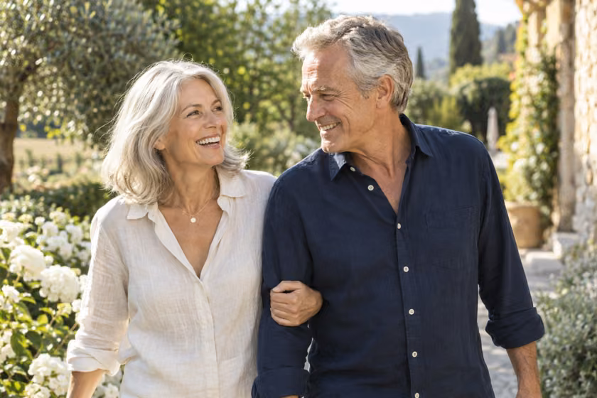 Illustrative AI-generated image of a smiling mature couple