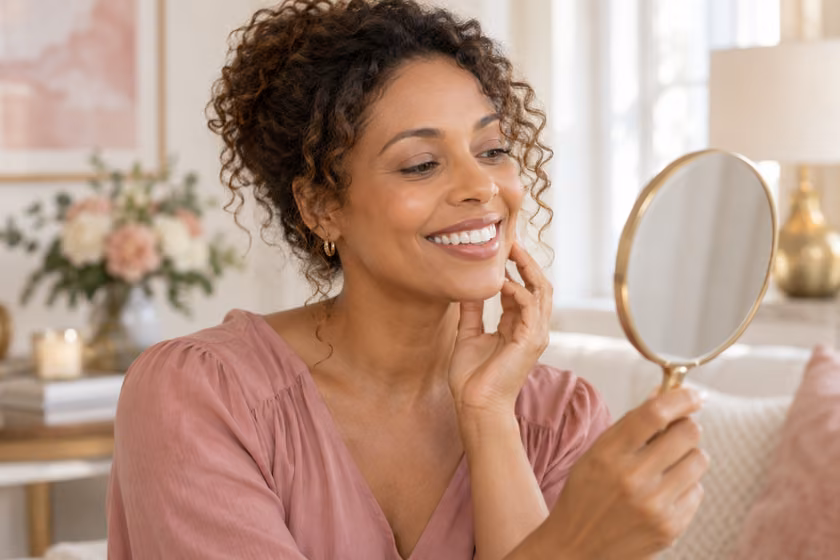 Illustrative AI-generated image of a woman smiling at her reflection