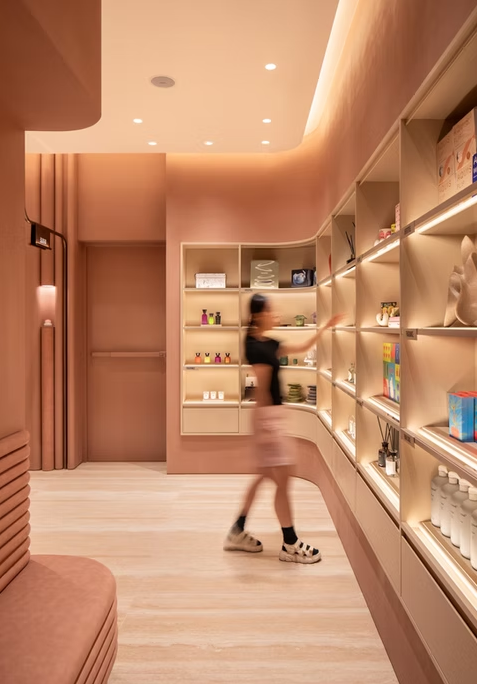 Clothing store with brass display rails, rounded timber seating and a polished concrete floor