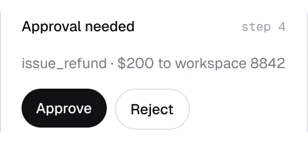 Approval needed at step 4: issue_refund of $200 to workspace 8842, with Approve and Reject
