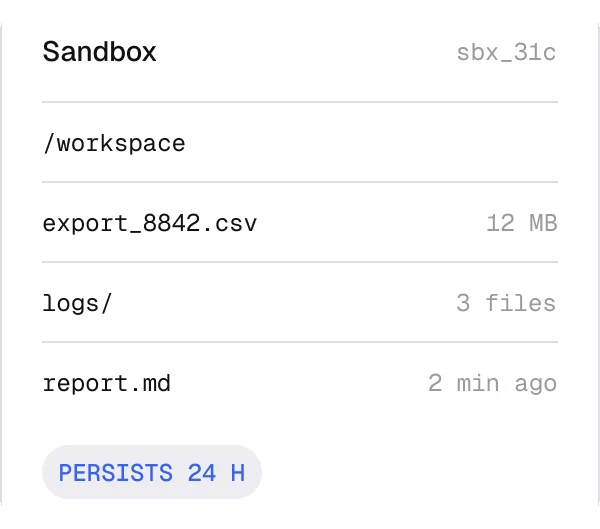Sandbox sbx_31c file list with /workspace, export_8842.csv, logs and report.md, persists 24 hours