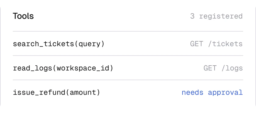 Lattis tool registry listing search_tickets, read_logs and issue_refund, with the refund tool waiting for approval