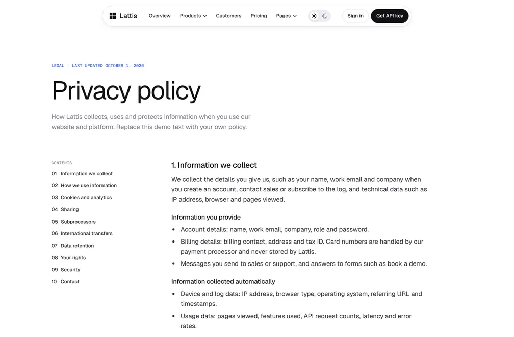Lattis Privacy Policy page preview