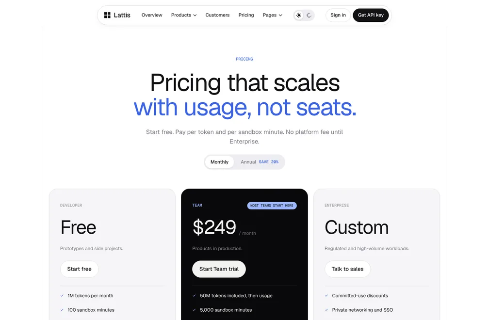 Lattis Pricing page preview