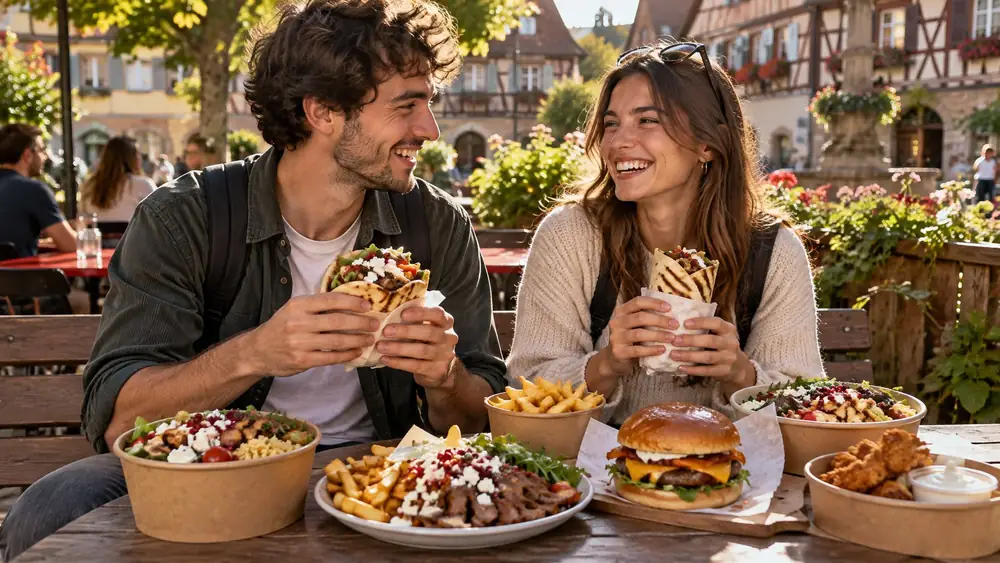 Deux étudiants rient en terrasse devant leurs kebabs