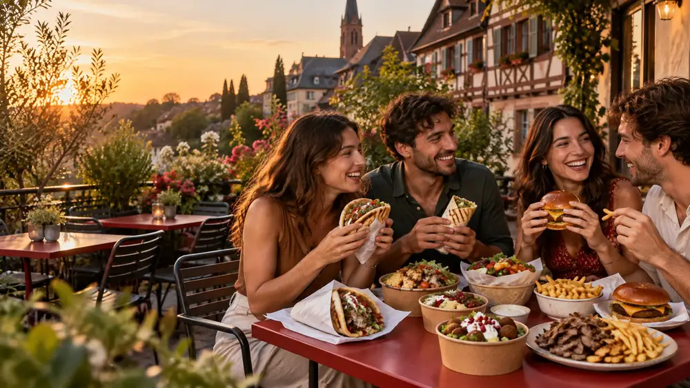 Des amis attablés en terrasse au coucher du soleil