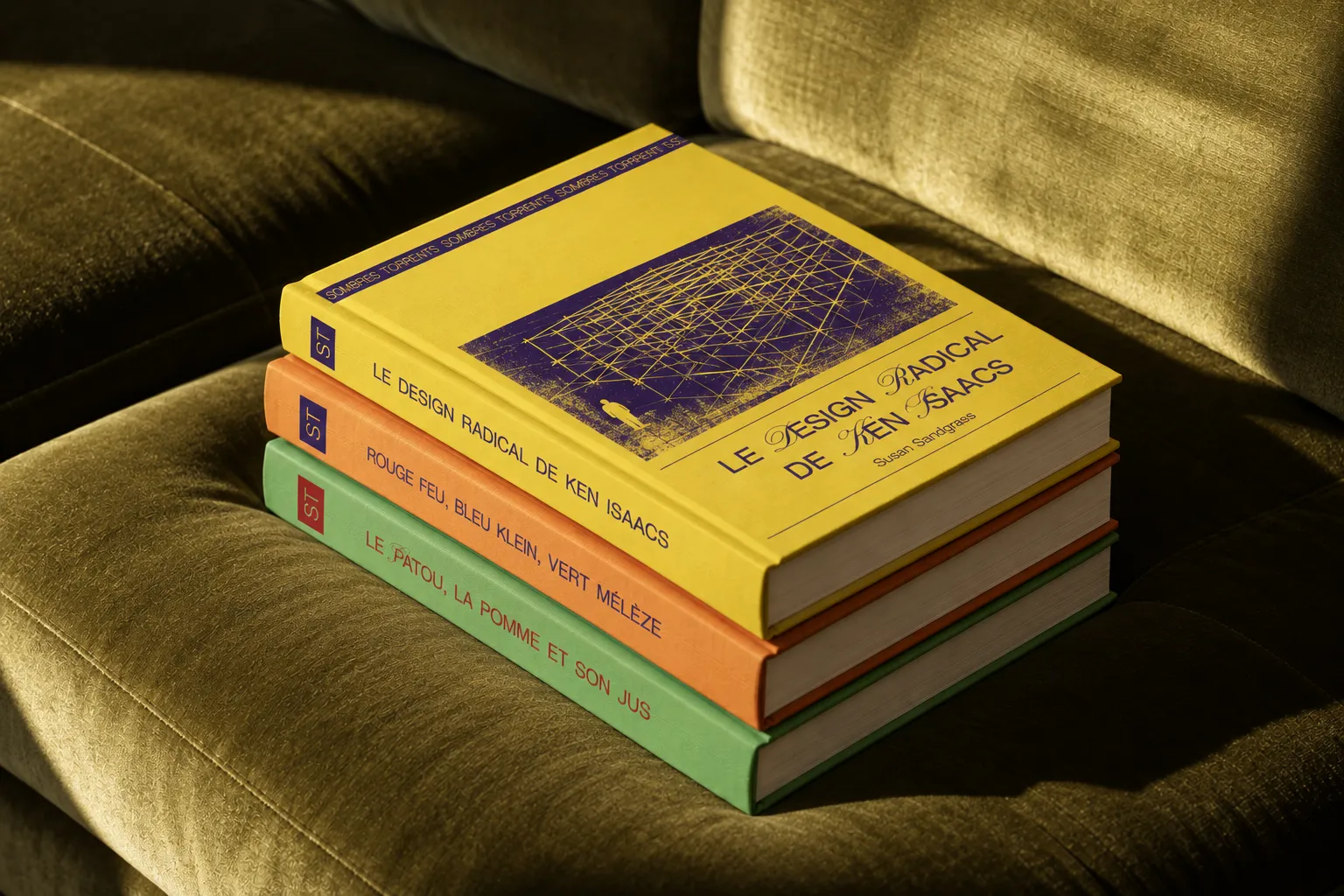 Trois livres de la collection posés sur un fauteuil