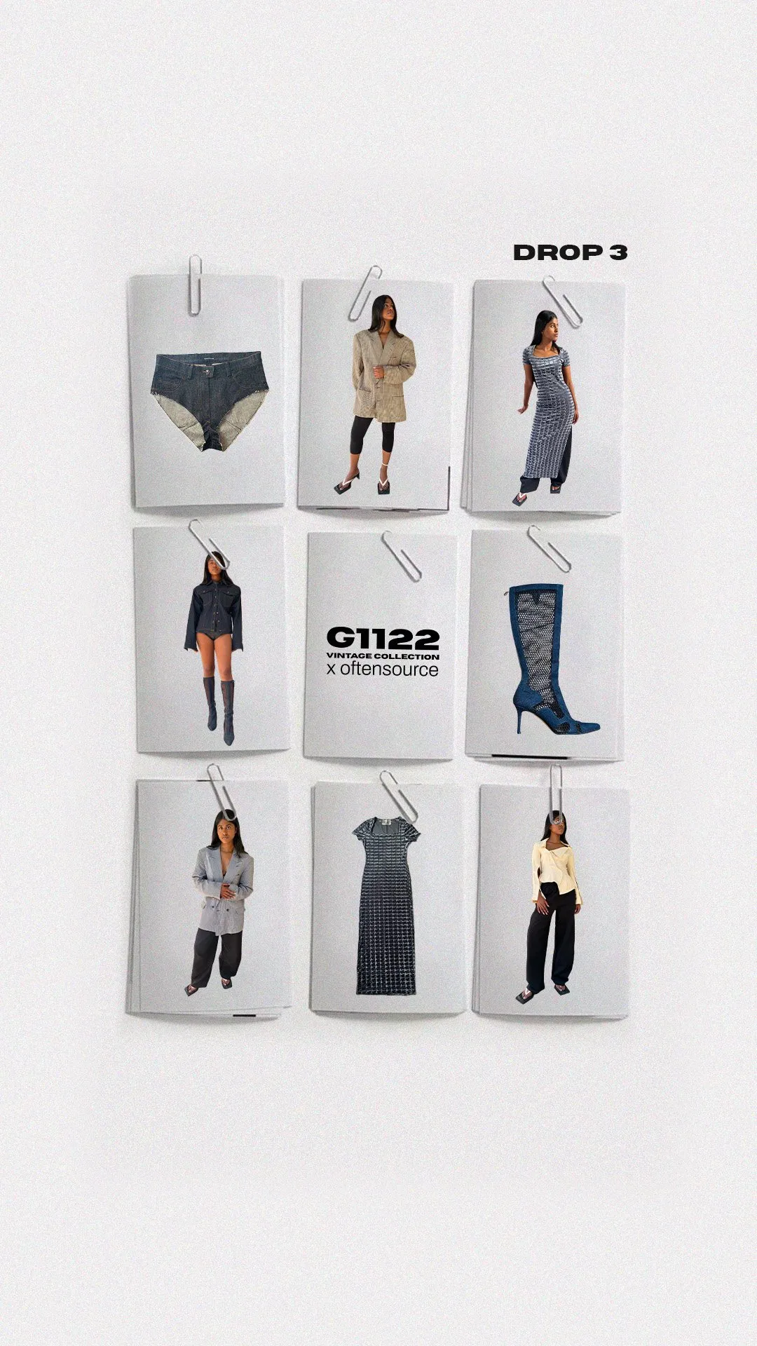Neuf cartes blanches tenues par des trombones : vêtements vintage portés ou à plat, logo G1122 x oftensource au centre.