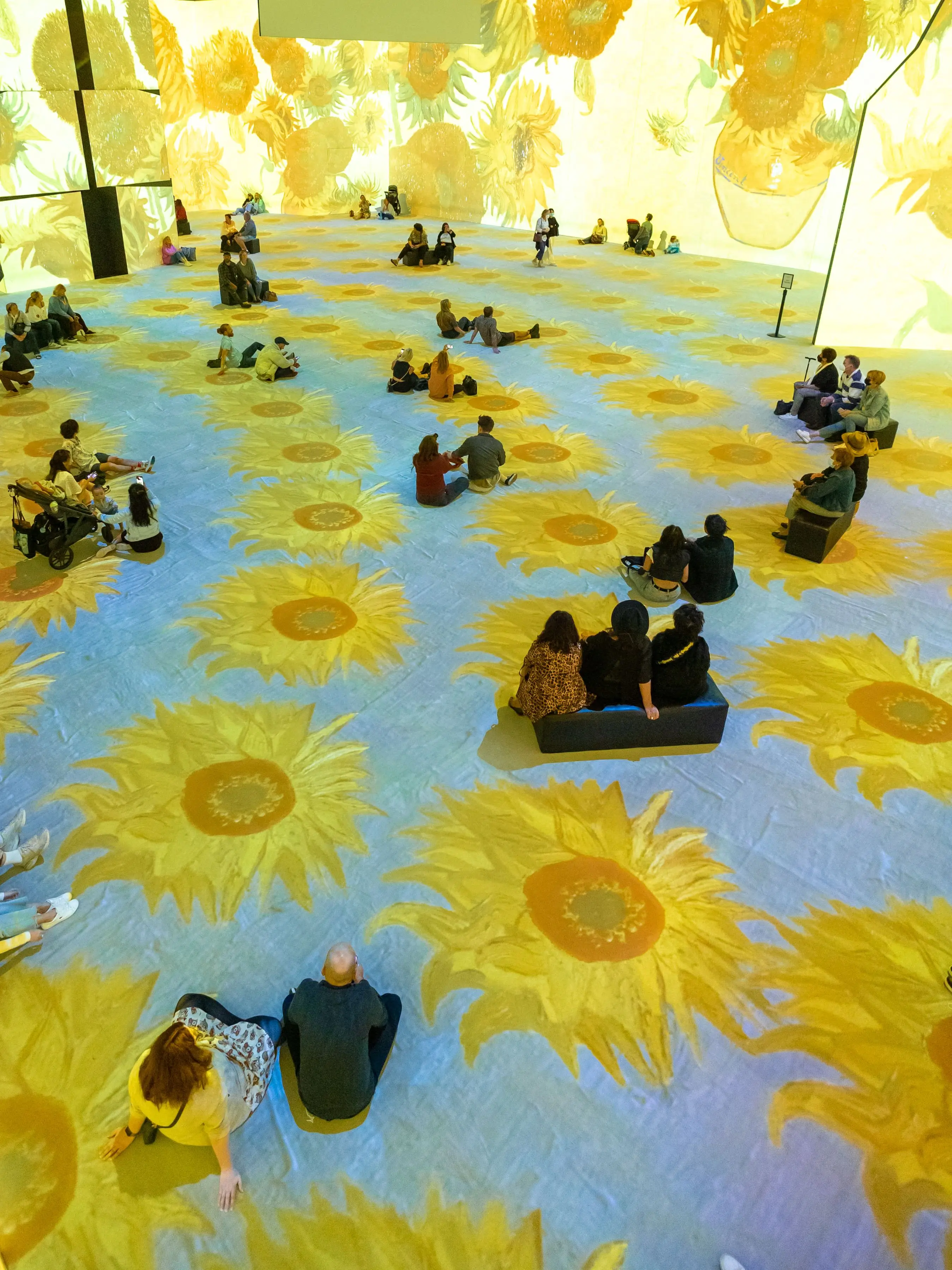 People sitting and lounging in a large immersive art space with projected images of large yellow sunflowers covering the floor and walls.