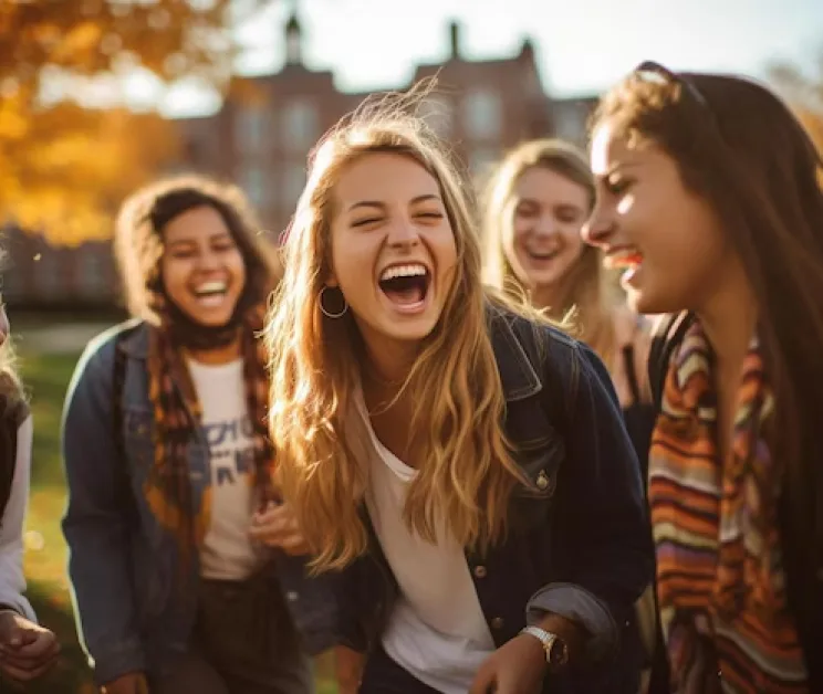 Group of friends laughing together outdoors