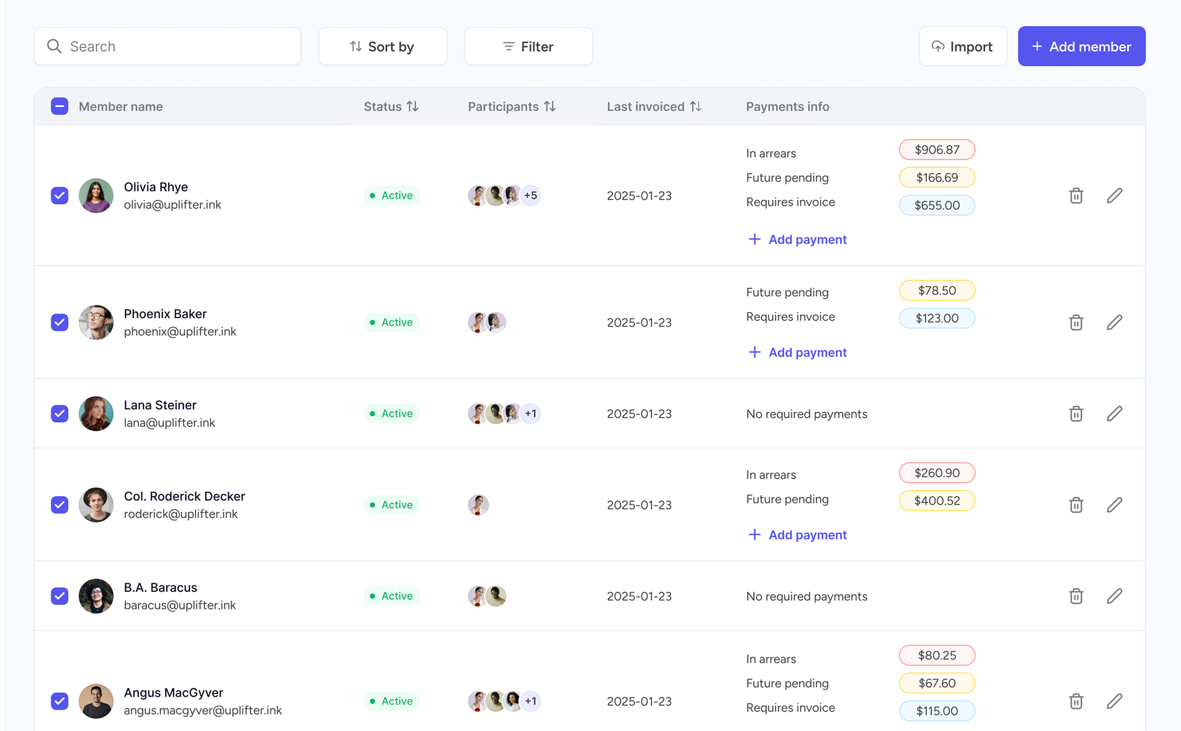 Uplifter HQ membership management screen