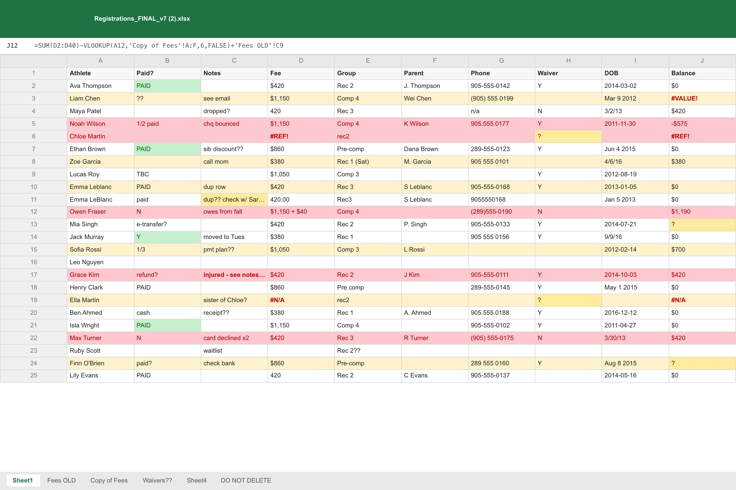 Messy registration spreadsheet