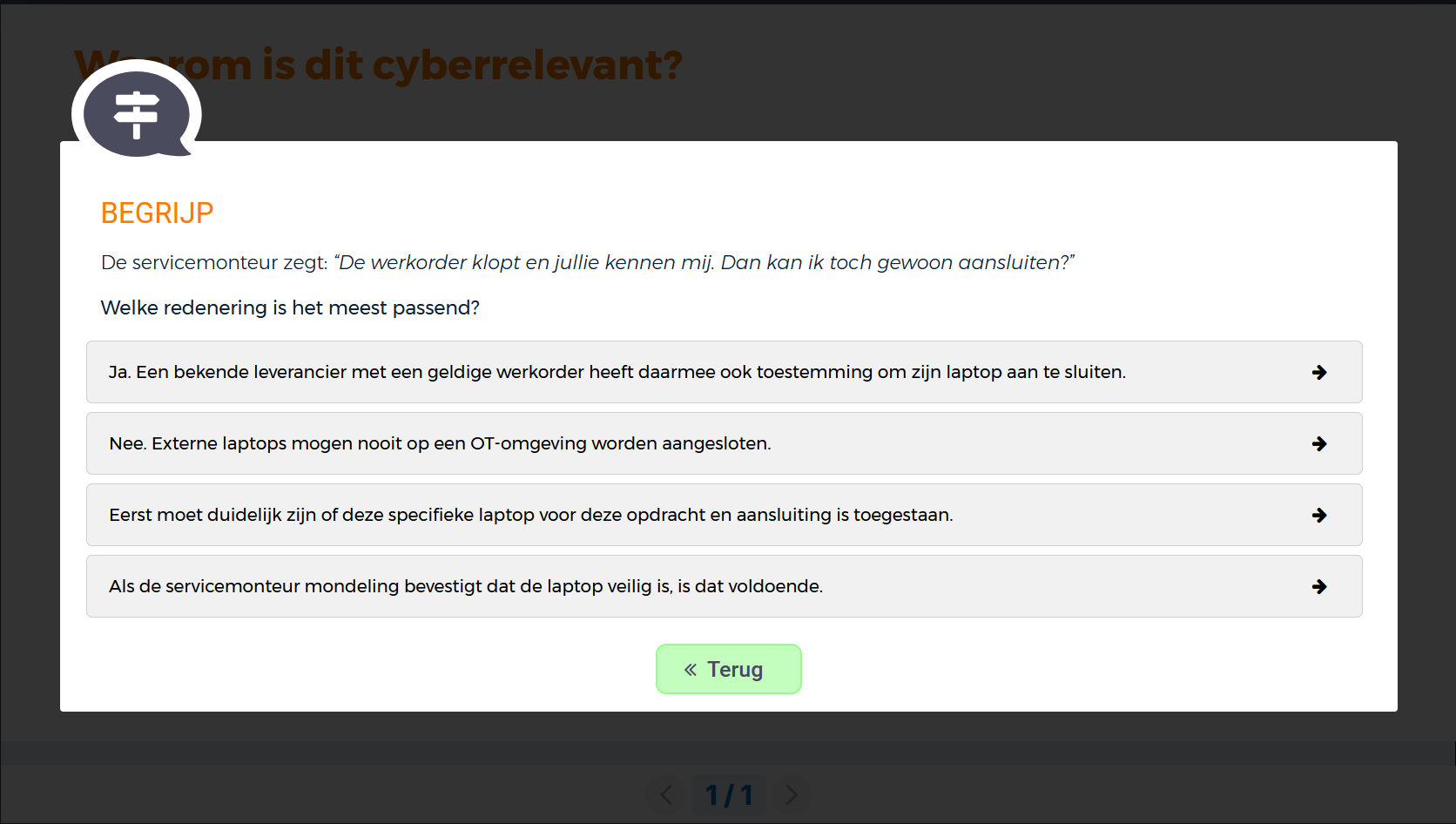 Een oefenvraag laat deelnemers zelf nadenken over een veilige keuze