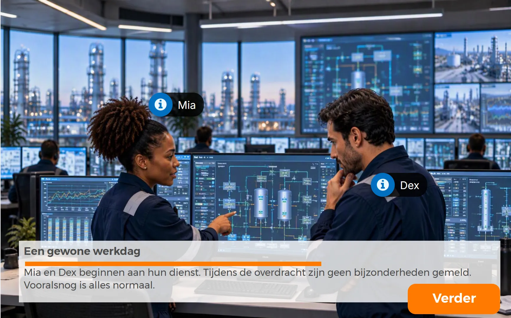 Mia en Dex tijdens Een gewone werkdag in de Aware4OT-microlearning