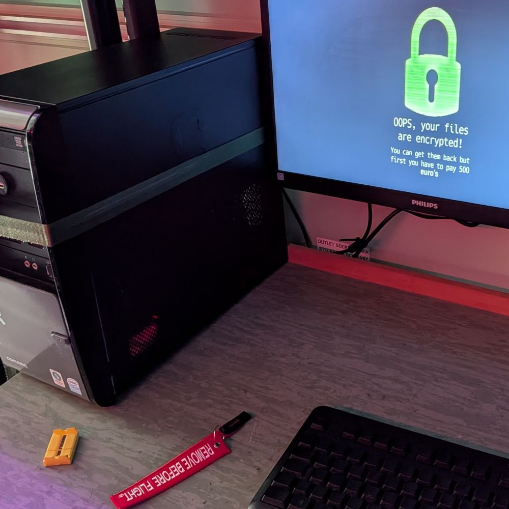 Een ransomwaremelding op een scherm in de OT Cybertrailer