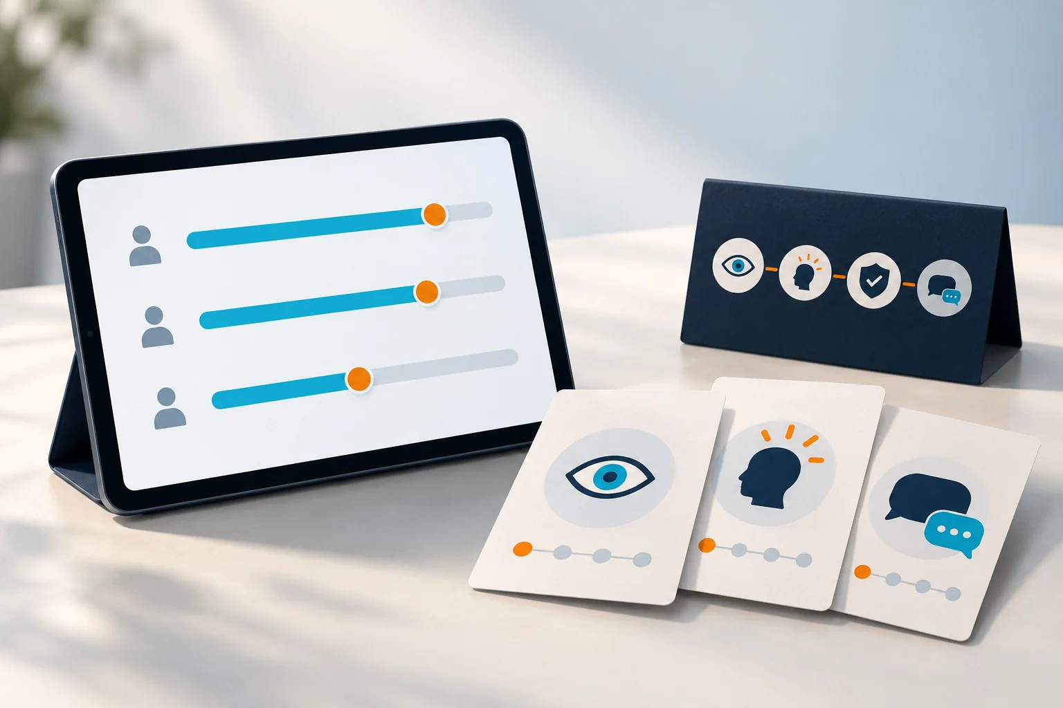 Illustratieve visual van voortgangsinzicht op een tablet en ondersteunende toolboxkaarten