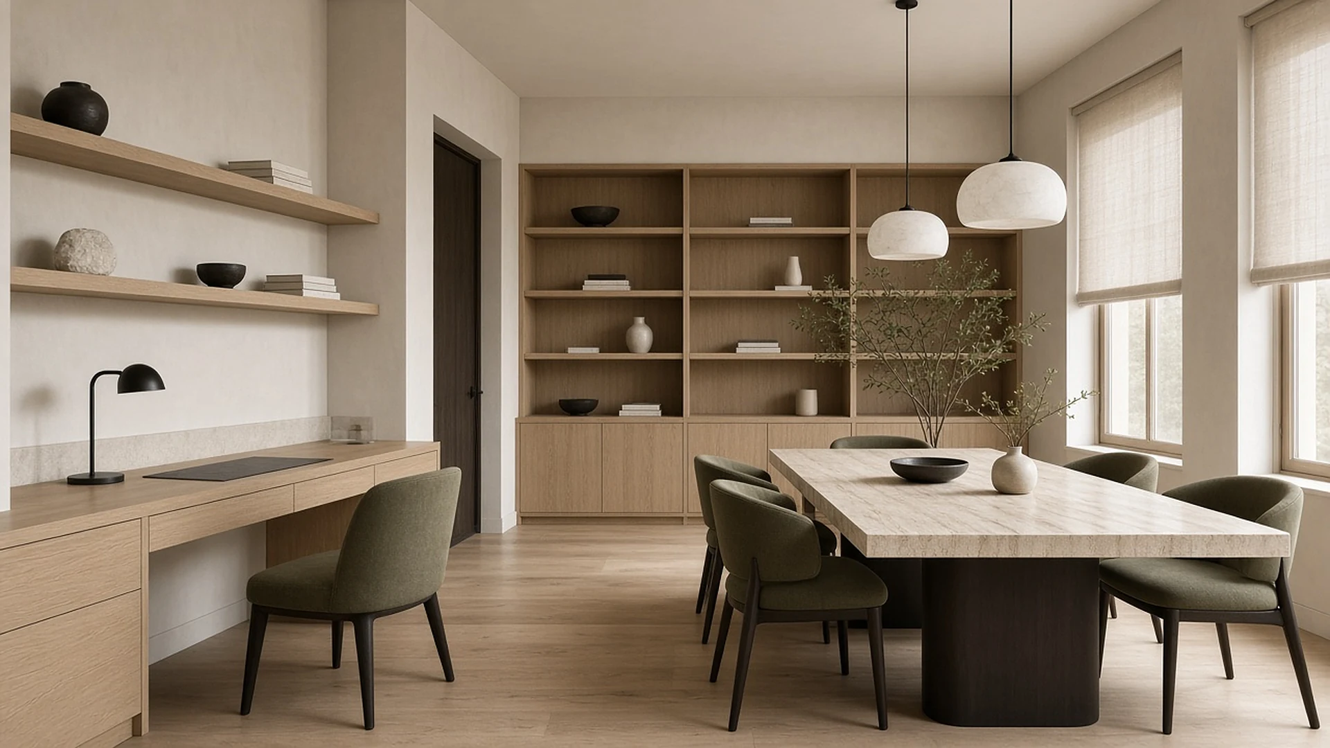 Finished boutique office with white oak shelving, a travertine table and olive chairs