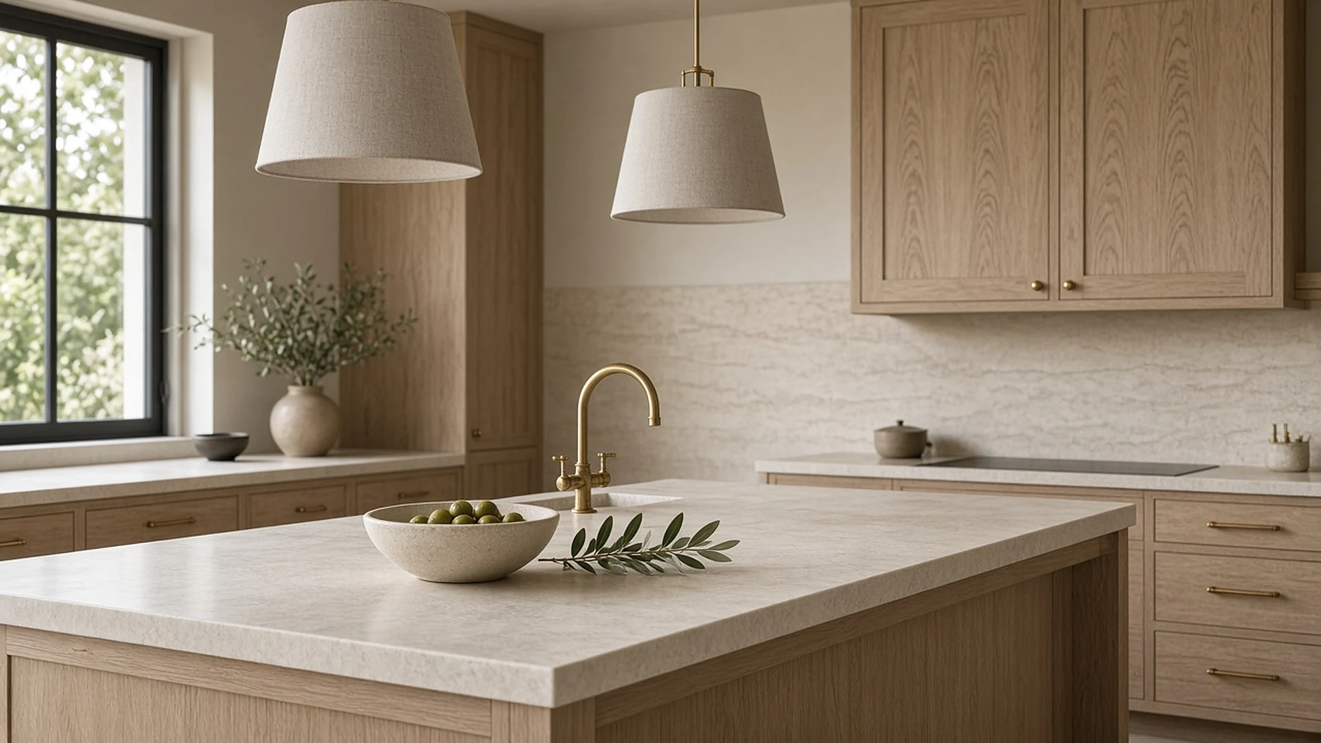 Finished kitchen with white oak cabinetry, a honed stone island and a brass faucet