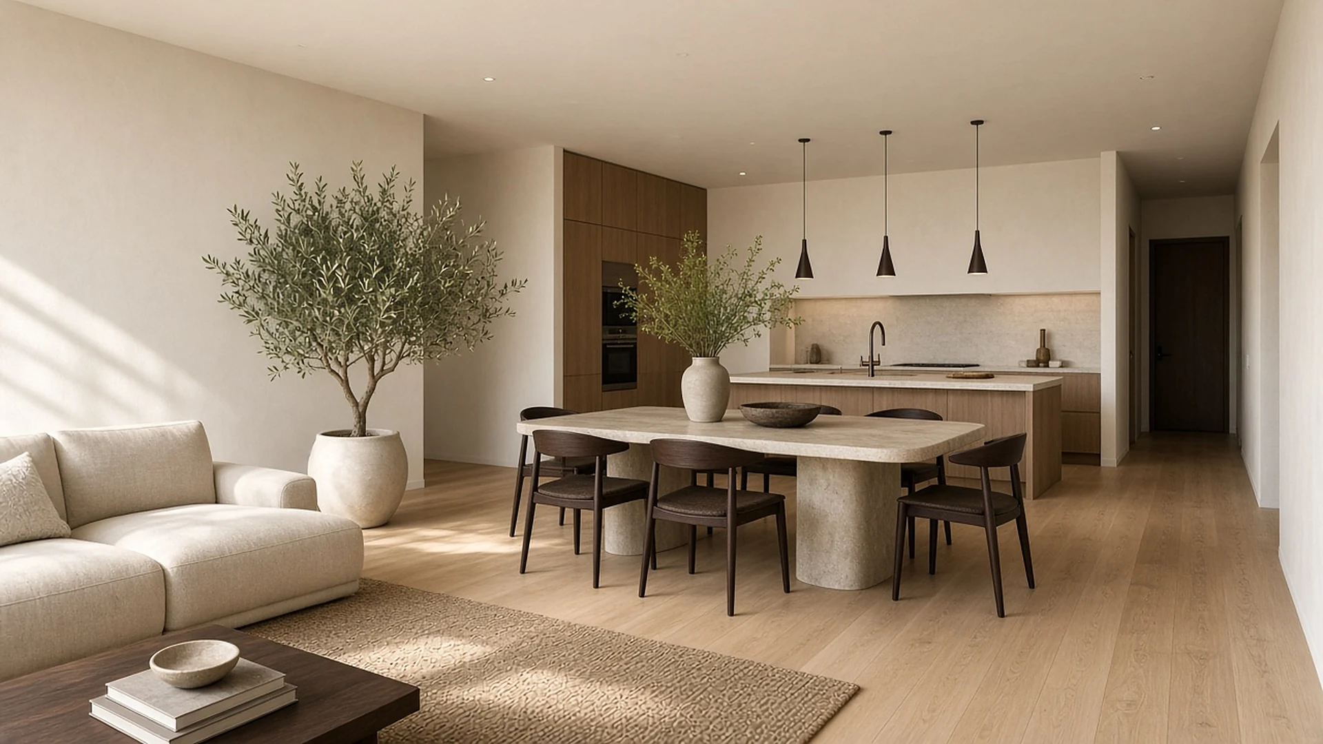 Finished open-plan living and dining space with white oak floors and a stone dining table