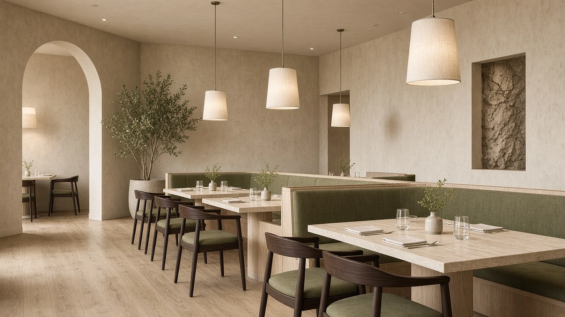 Finished restaurant dining room with olive banquettes and travertine tables