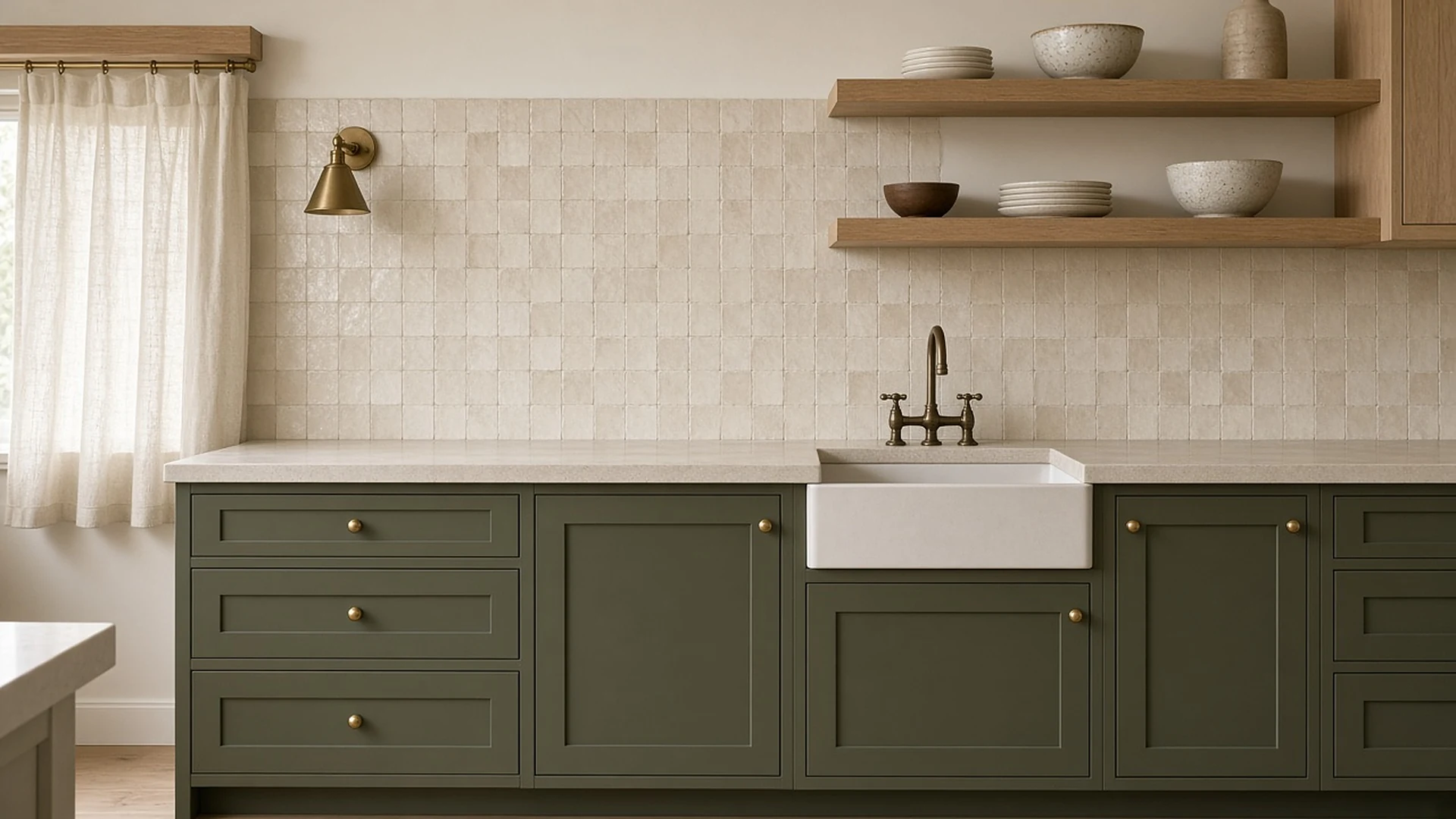 Finished kitchen with olive shaker cabinetry, limestone counters and open oak shelves