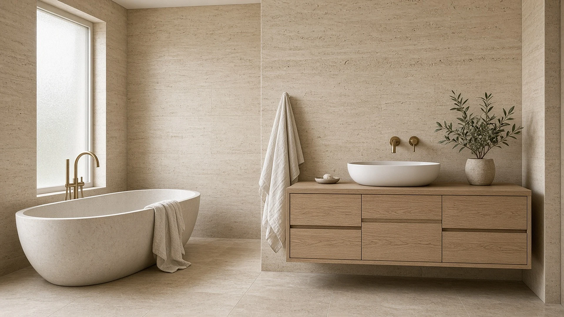 Finished primary bathroom with travertine walls, a stone tub and a floating oak vanity