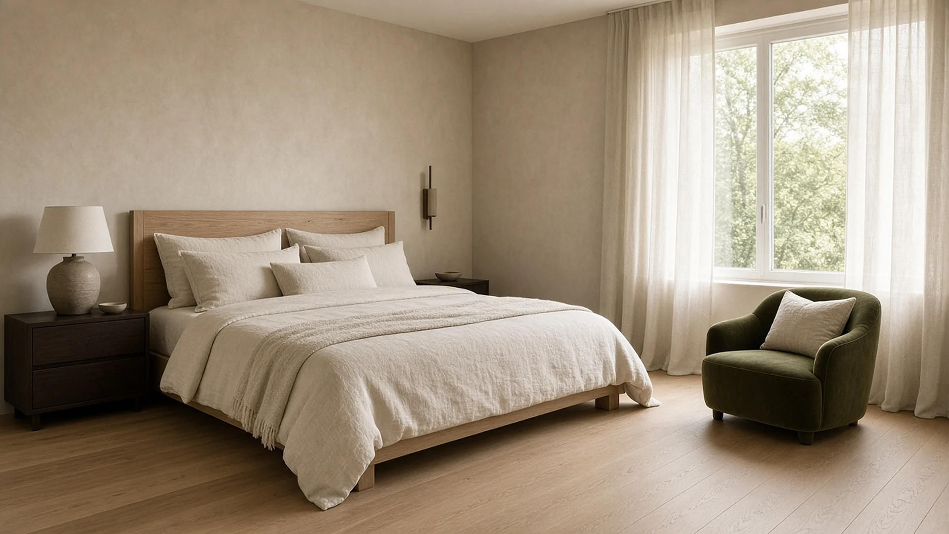 Finished primary bedroom with linen bedding, an oak bed and an olive reading chair
