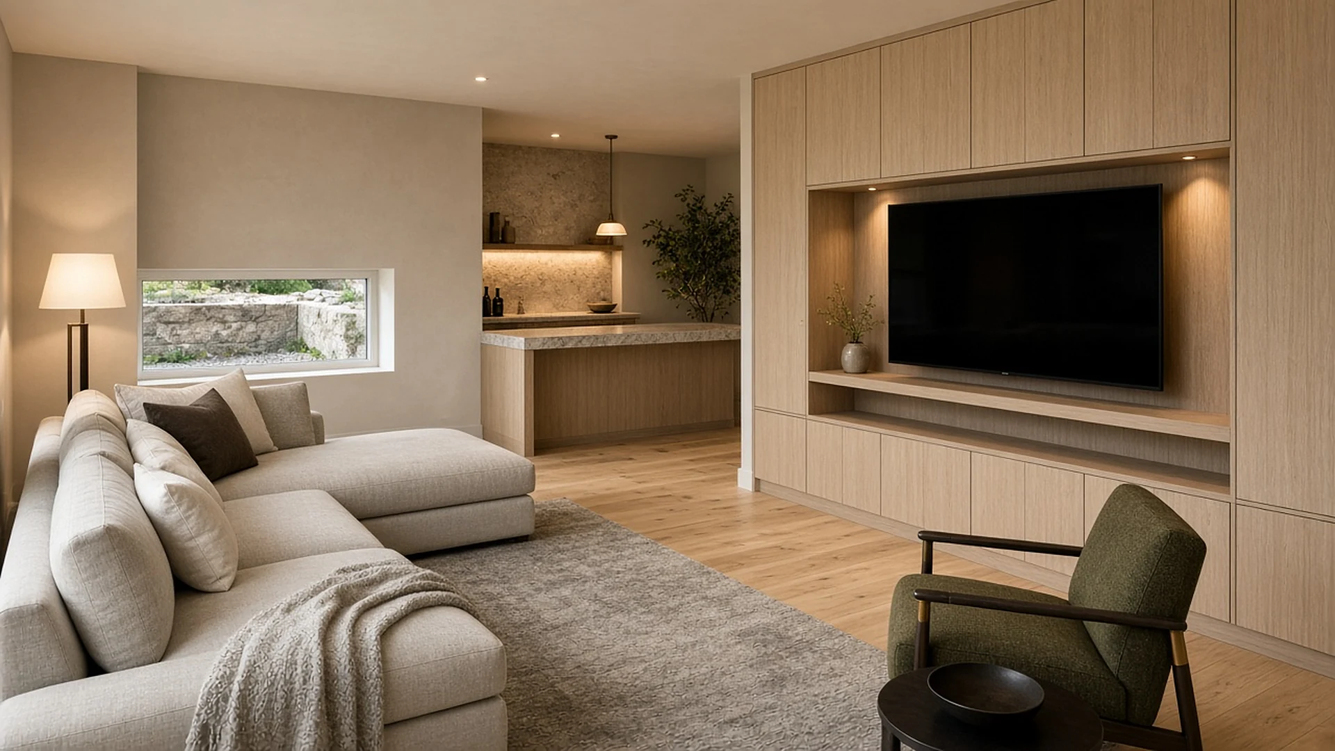 Finished basement family room with a built-in oak media wall and linen sectional