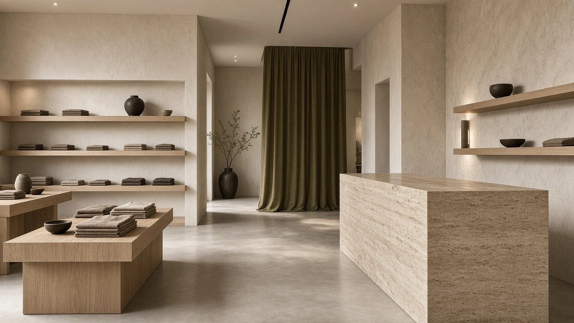 Finished boutique retail space with oak display plinths and a travertine counter