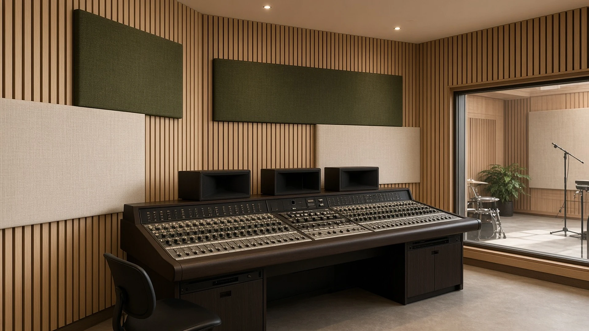 Finished recording studio control room with oak acoustic slats and linen wall panels