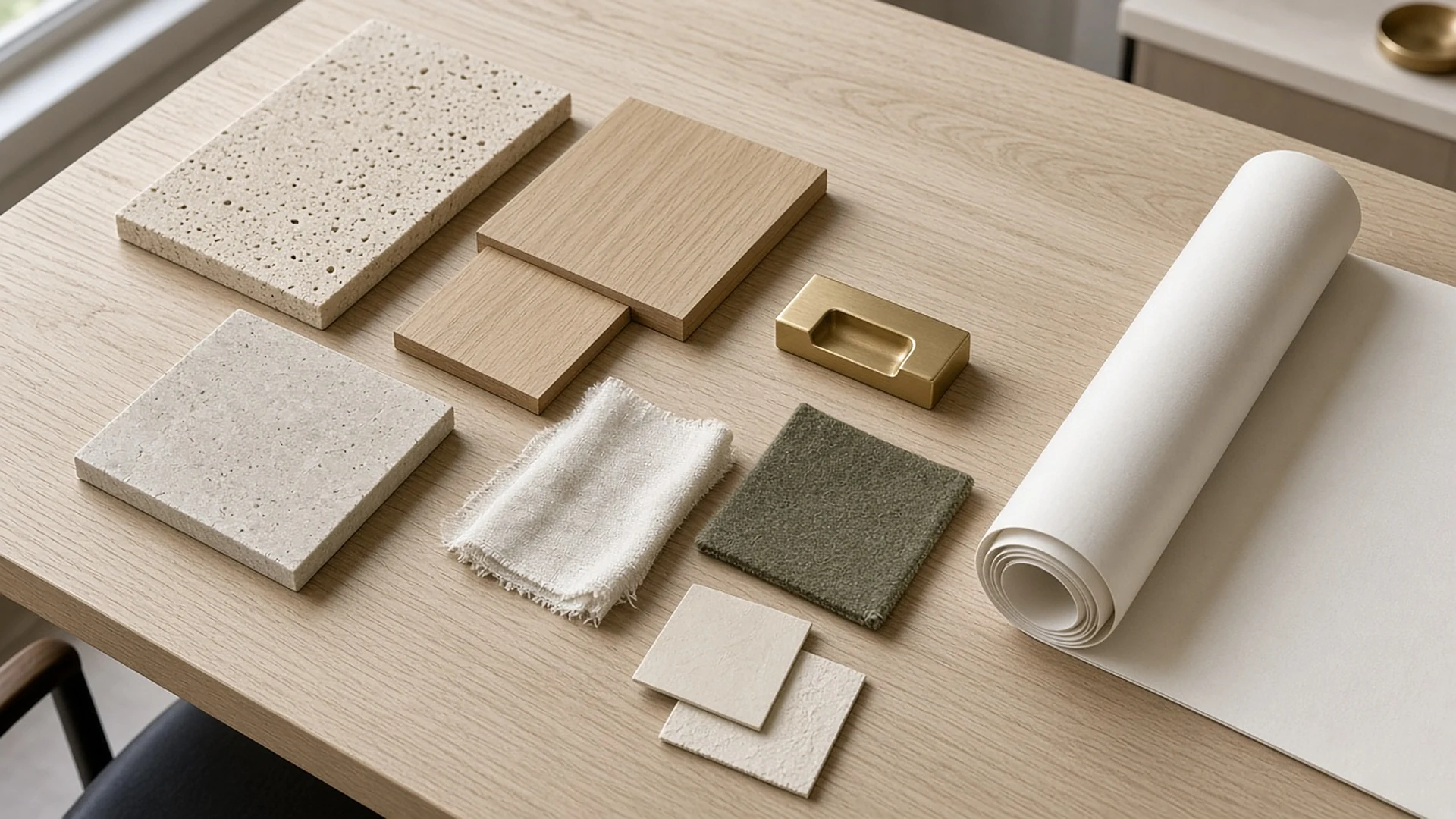 Stone, oak, linen and brass finish samples laid out on a white oak worktable