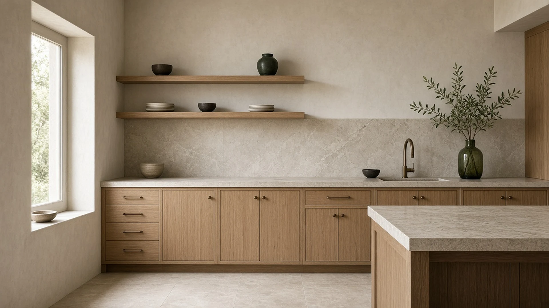 Finished kitchen with white oak cabinetry, a limestone backsplash and floating oak shelves