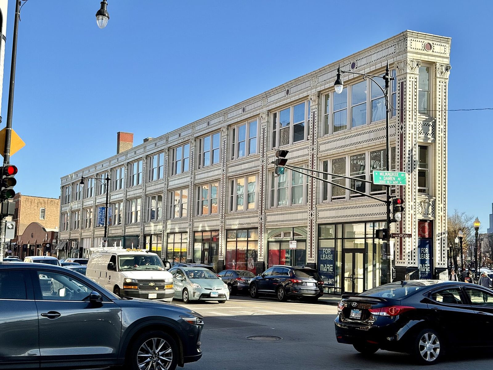 Historic Flatiron Arts Building at North, Damen and Milwaukee avenues in Wicker Park, Chicago