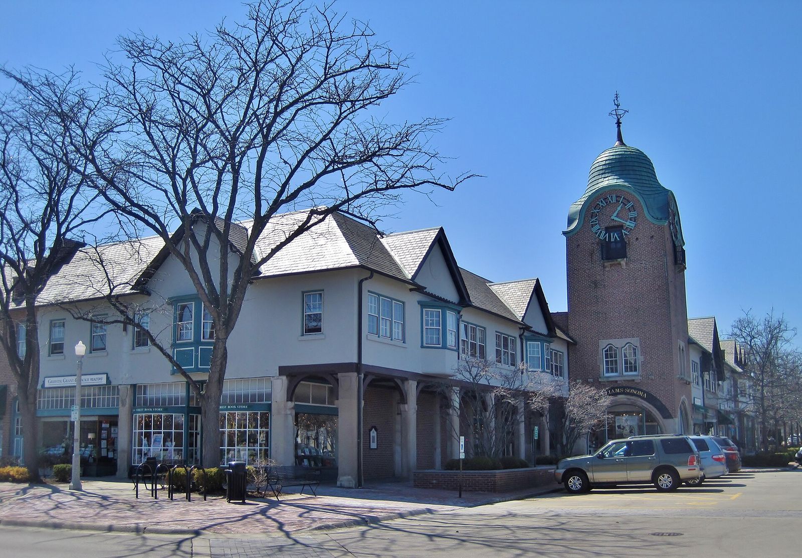 Tudor-style shops and clock tower at Market Square in downtown Lake Forest, Illinois