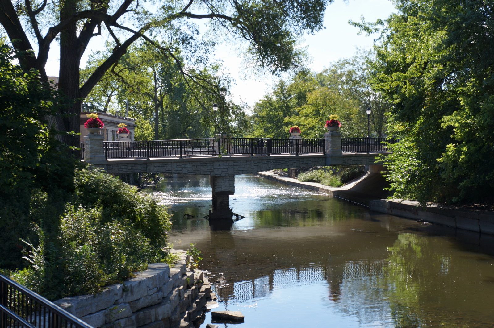 Footbridge over the DuPage River along the Naperville Riverwalk, Naperville, Illinois