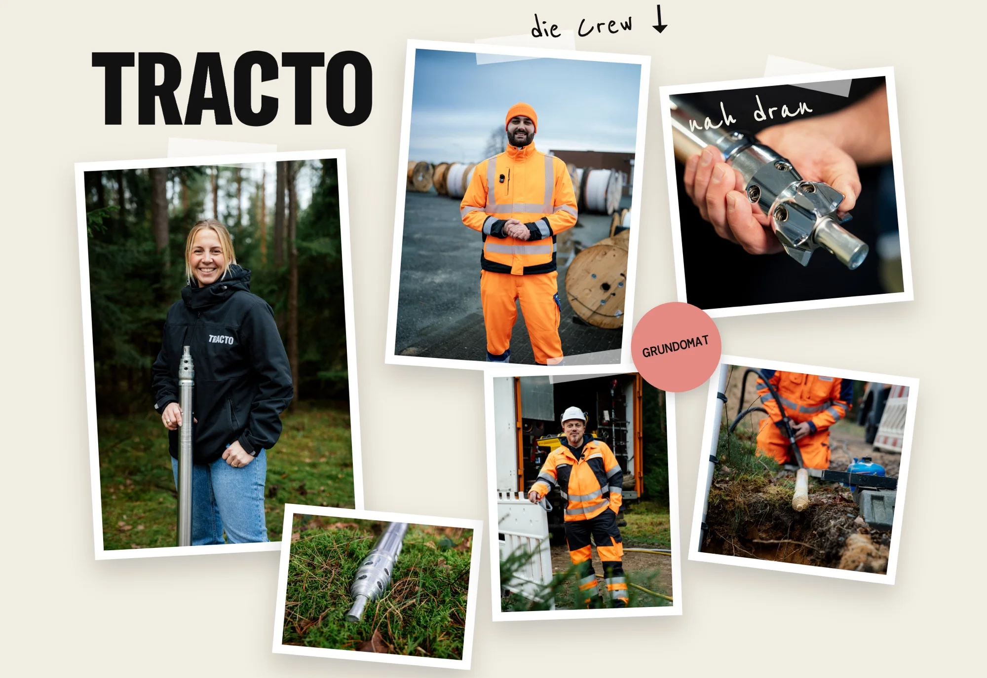 Pinnwand zum GRUNDOMAT P+ von TRACTO mit Fotos der Crew, der Erdrakete und einer Baustelle