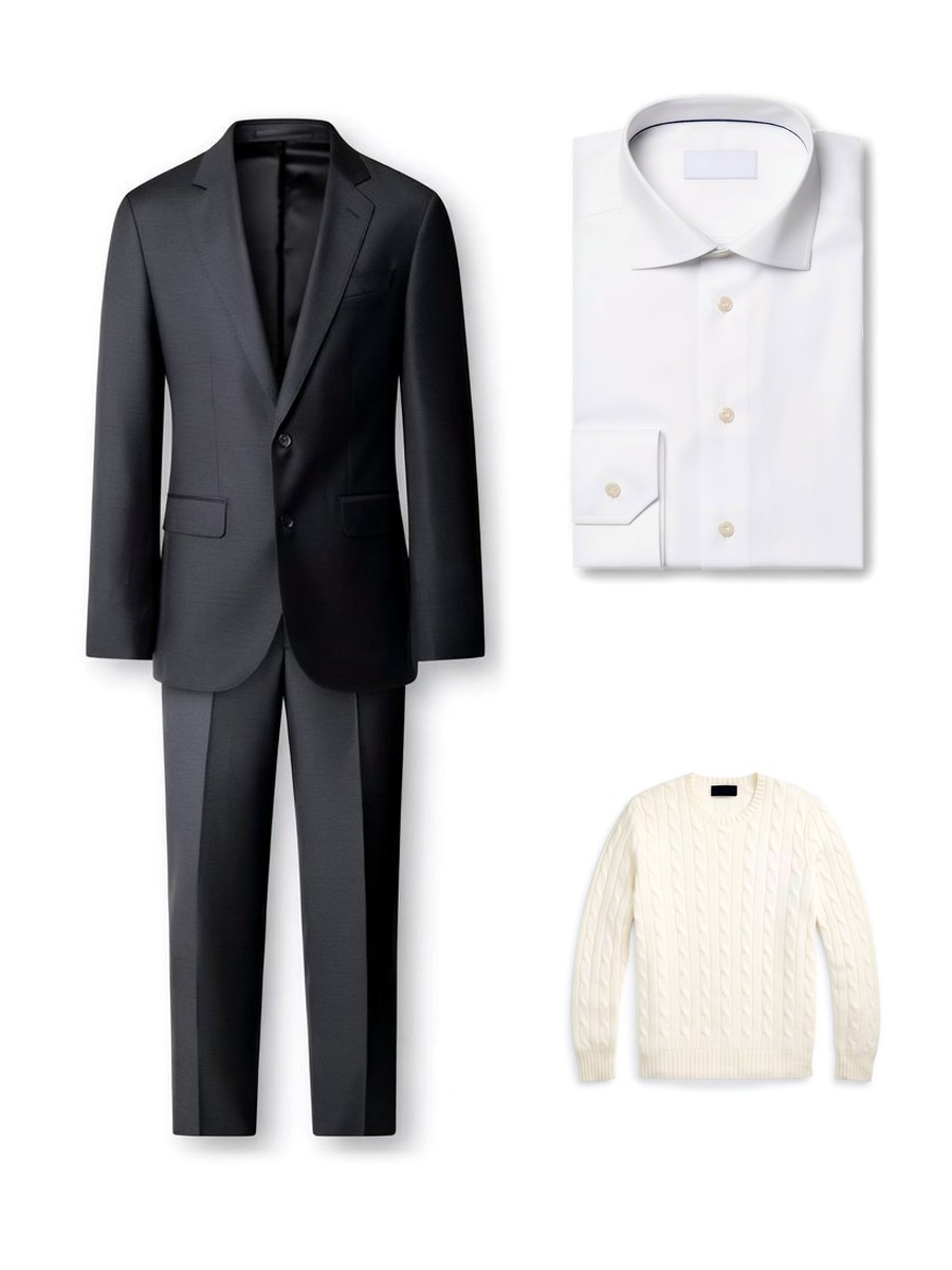 Look 12: Charcoal suit, white shirt, crew neck