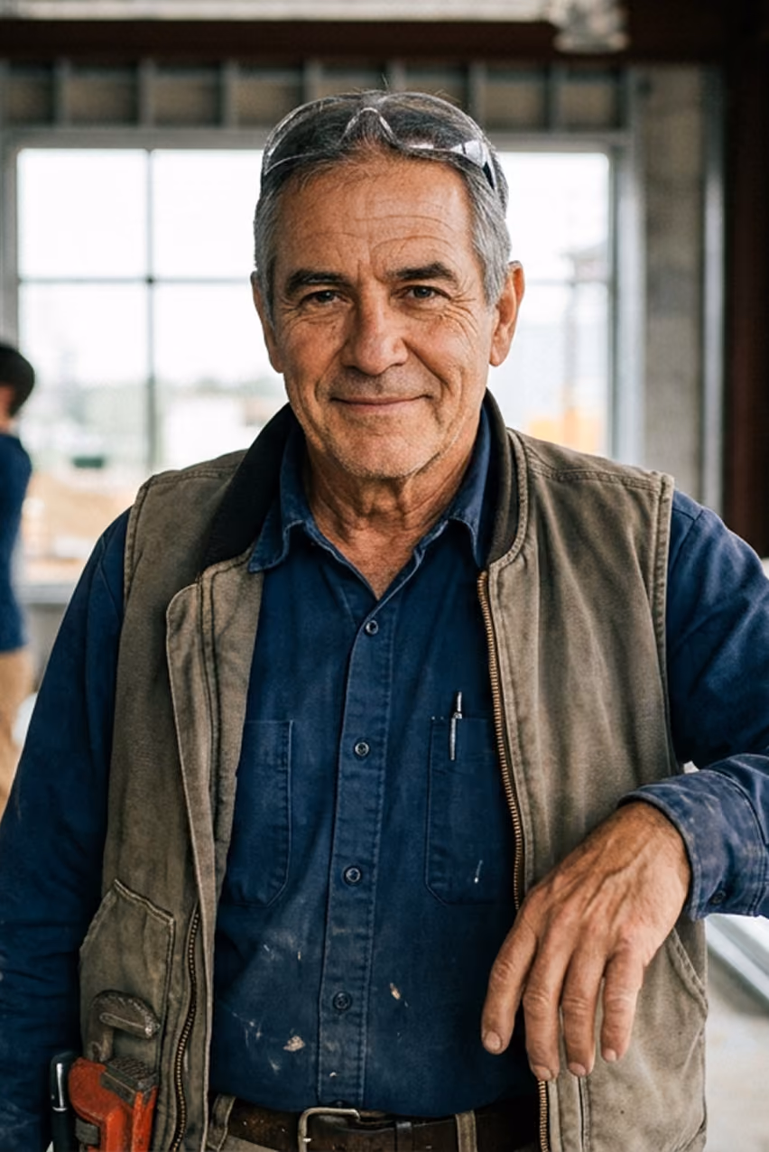 Middle-aged construction business own wearing a blue shirt and brown vest with protective glasses on his head, standing in a construction setting with a confident expression.