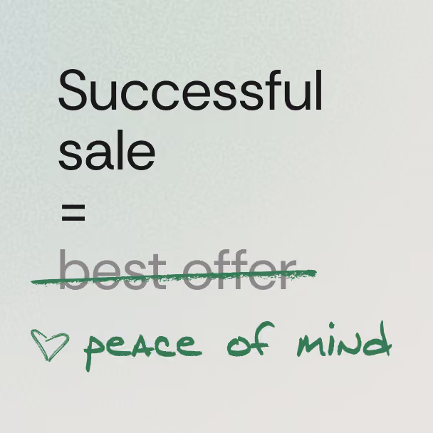 Text on a light background reads: Successful sale = best offer with best offer crossed out, followed by a hand-drawn green heart and the words 'peace of mind' written in green.