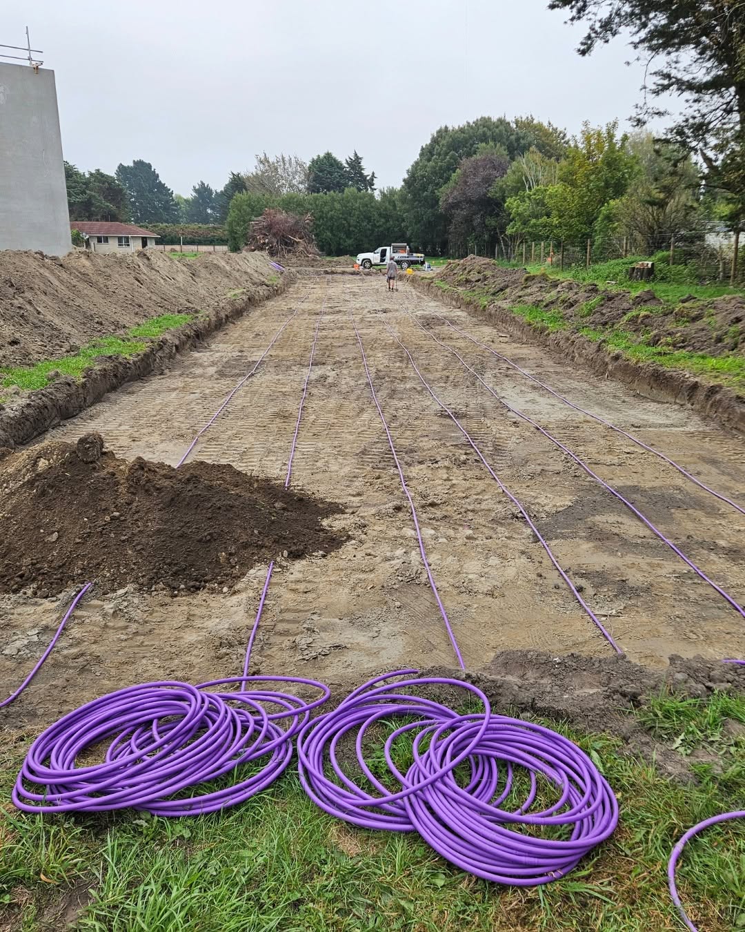 Purple service lines laid out in parallel across a cleared site, with coils ready to install