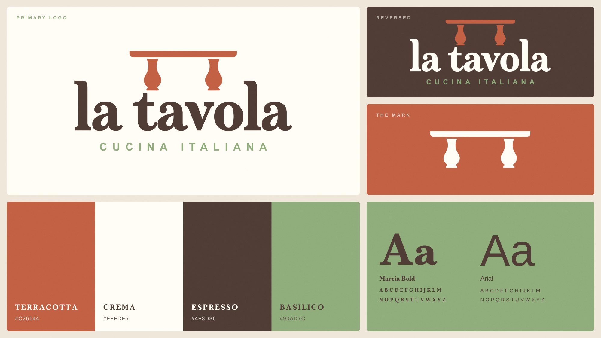 La Tavola identity sheet: primary and reversed logos, the table mark, color palette, and Marcia Bold and Arial type