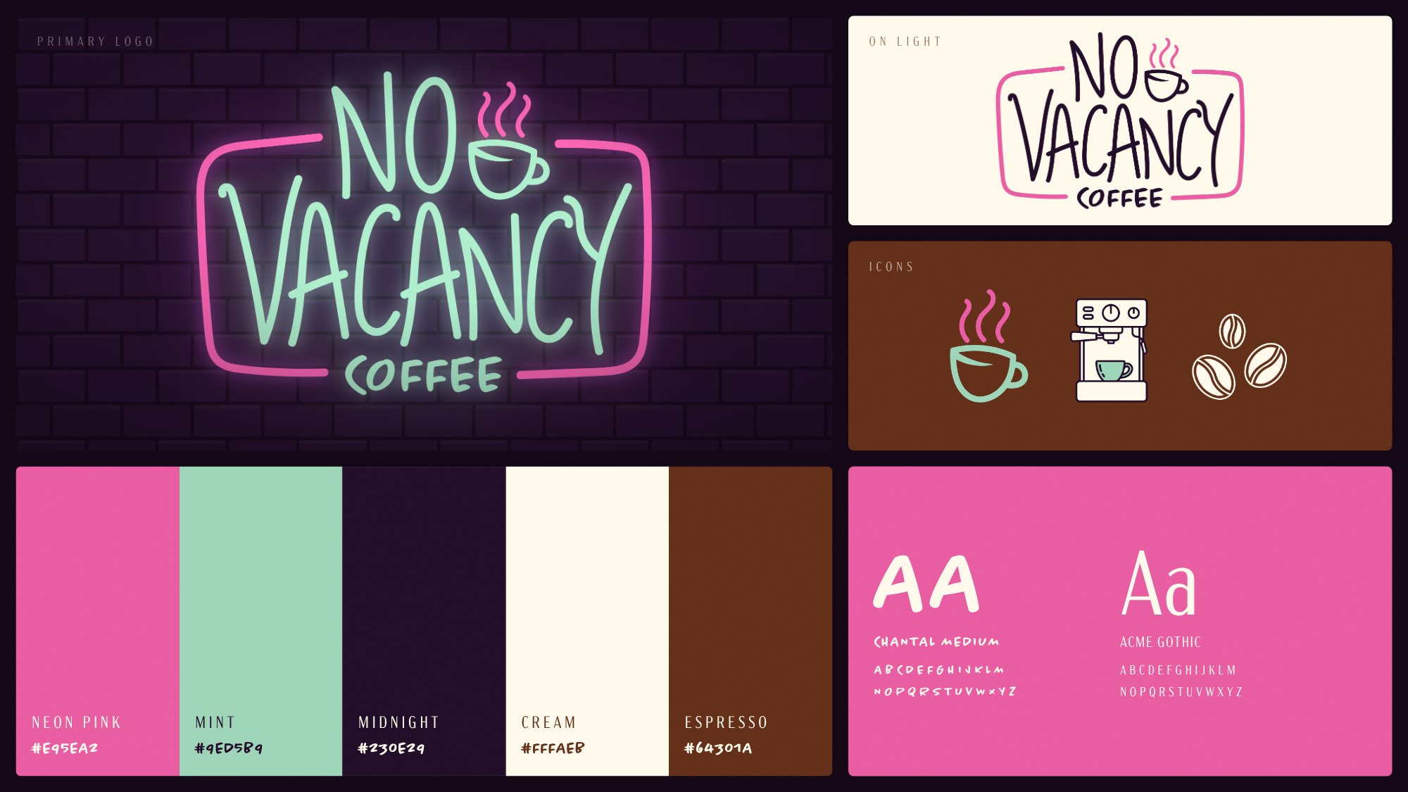 No Vacancy identity sheet: neon logo, light version, icons, five-color palette, and Chantal and Acme Gothic type
