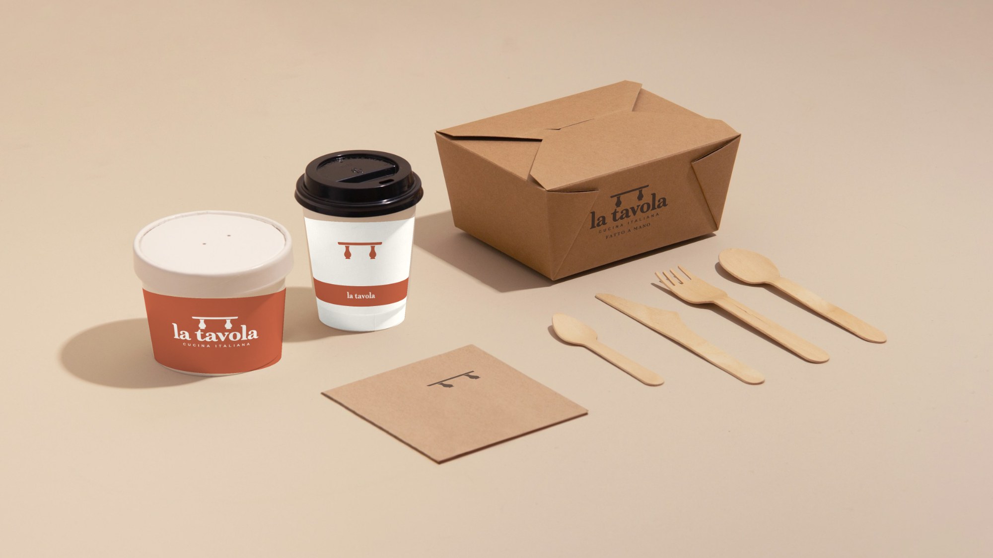 La Tavola takeout set: soup cup, coffee cup, stamped kraft box and napkin