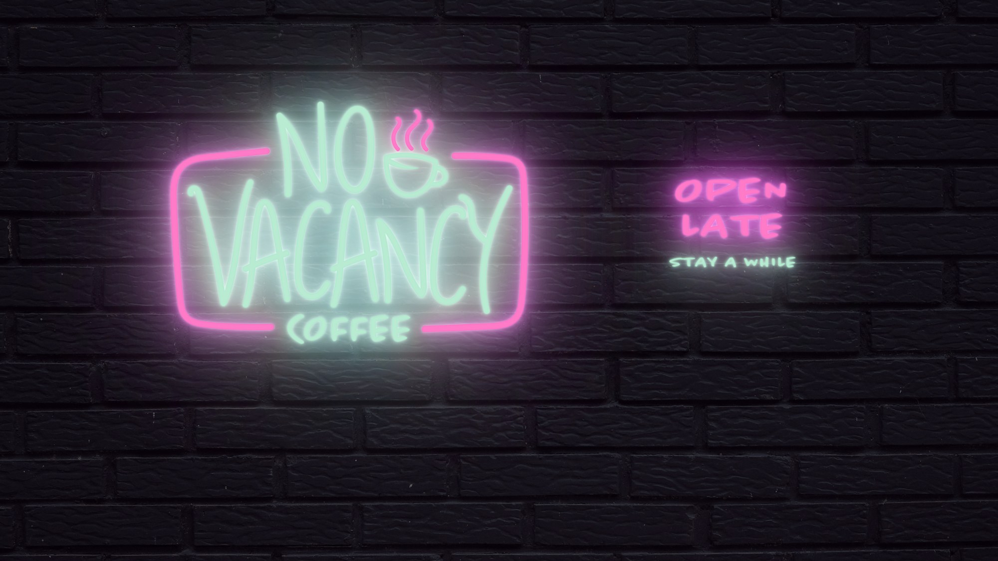 No Vacancy Coffee neon sign glowing on a dark brick wall