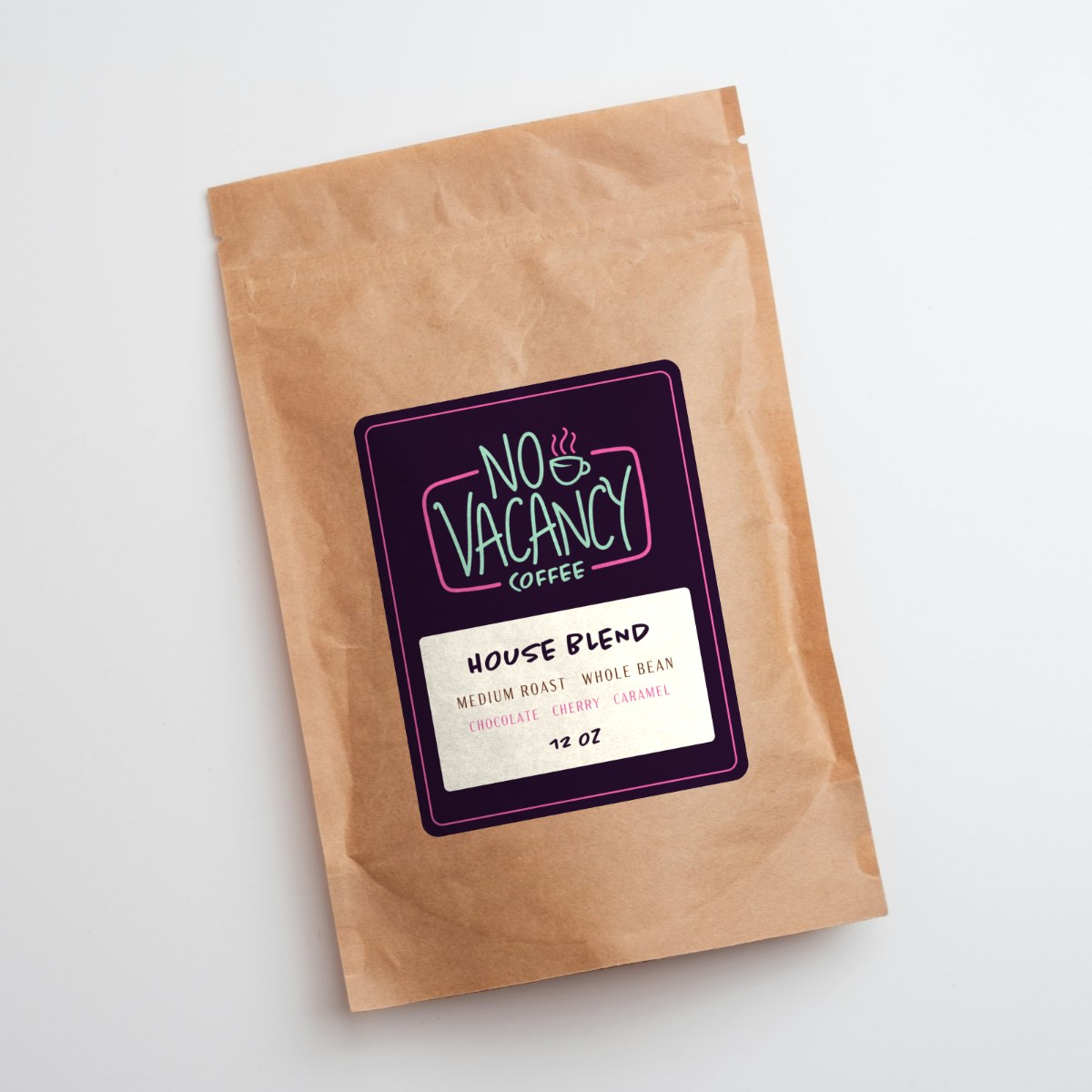 Kraft coffee pouch with a No Vacancy House Blend label