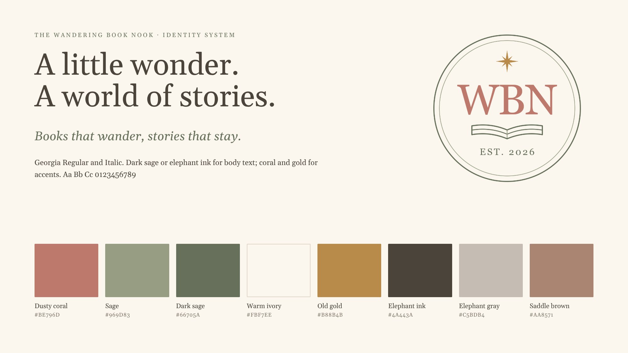 Identity sheet with Georgia type, the tagline, the WBN mark and the eight-color palette